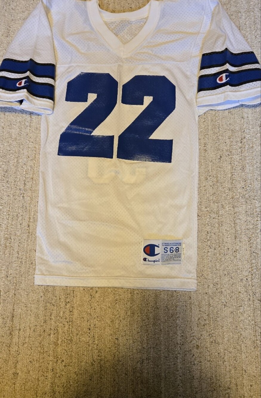 Champion Kids Misprinted Front Cowboy22 Back Spurs50 White Mesh Jersey Sz S 6-8